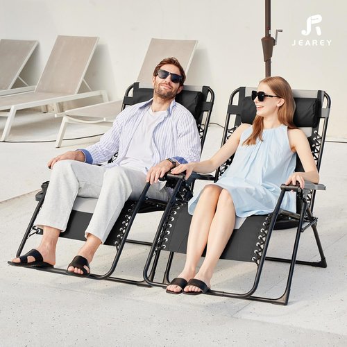 JEAREY Oversized Padded Zero Gravity Chair - Comfortable Folding Lounge Chair with Headrest, Cup Holder & Side Tray | Black/Gray