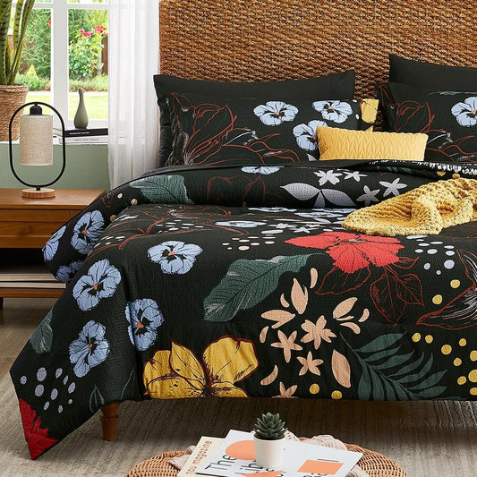 CASAAGUSTO Twin Comforter Set, 5 PCS Black Floral Comforter Set with Flowers Leaves Pattern, Soft Seersucker Design All Season Microfiber Twin Size Bedding Set (66"X90")