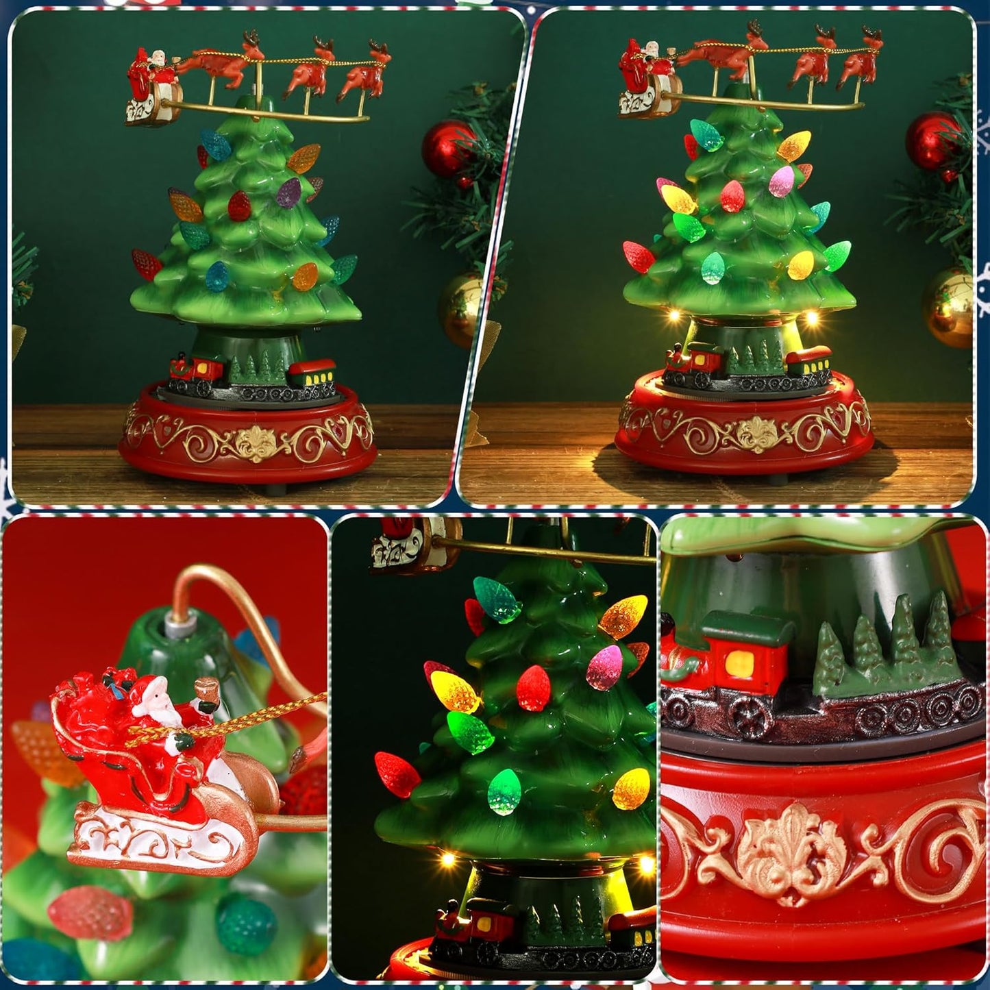 Musical Christmas Tree Decor - Rotating Train & Santa Elk Figurines with LED Lights | Festive Home Tabletop Decoration