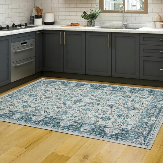 Area Rug 3×5, Vintage Boho Rug,Ultra-Soft Low Pile, Washable, Non Slip,Stain Resistant, Printed Carpet for Living Room Bedrooms Playroom Office Kitchen,Turquise/Cream