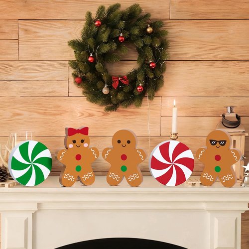 Gingerbread Christmas Decorations - 5 Pcs Wooden Candy Signs for Tiered Tray Decor | Home & Kitchen