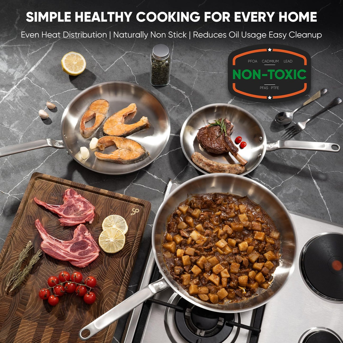 GLOBEHOME 10 Inch Stainless Steel Frying Pan - 5 Ply Stainless Clad Skillet with Aluminum Core, Durable and Even Heating, Professional Cookware for Induction, All Stoves, Oven and Dishwasher Safe