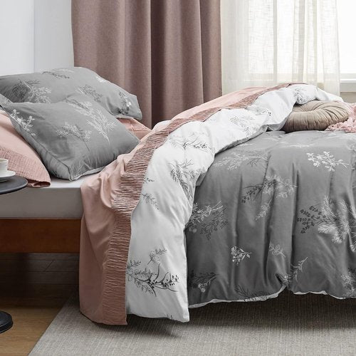 Bedsure Duvet Cover King Size - Reversible Floral Design | 3-Piece Grey Bedding Set with Zipper Closure & 8 Corner Ties