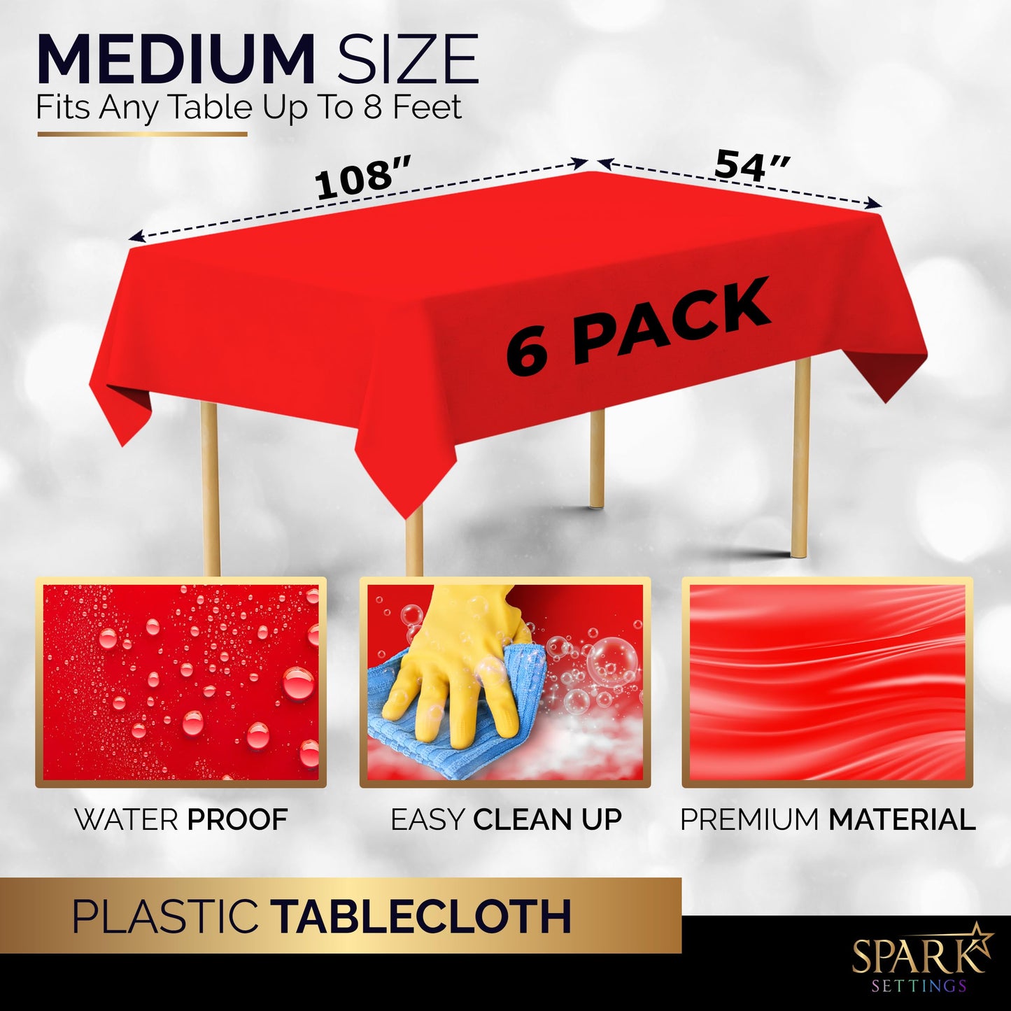 Amcrate Red Plastic Tablecloth Disposable, 6 Pack Premium Tablecloths for Rectangle Tables 54 inch. x 108 inch. Fits Tables Up to 8 Feet, Plastic Table Cloth for Party, Wedding, Holidays