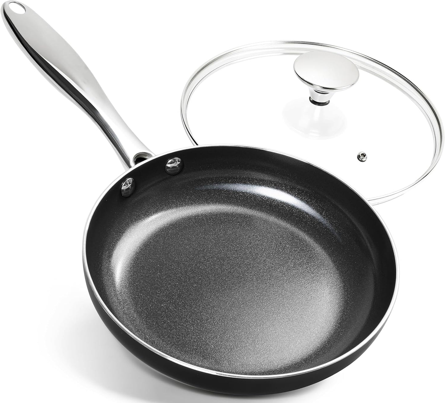 MICHELANGELO 8-Inch Nonstick Frying Pan - Non-Toxic Ceramic Skillet with Lid & Stainless Steel Handle | Black