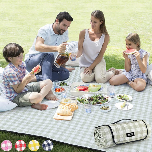 ZAZE Extra Large Waterproof Picnic Blanket - 80''x80'' Gingham Mat for Beach & Camping | Green & White
