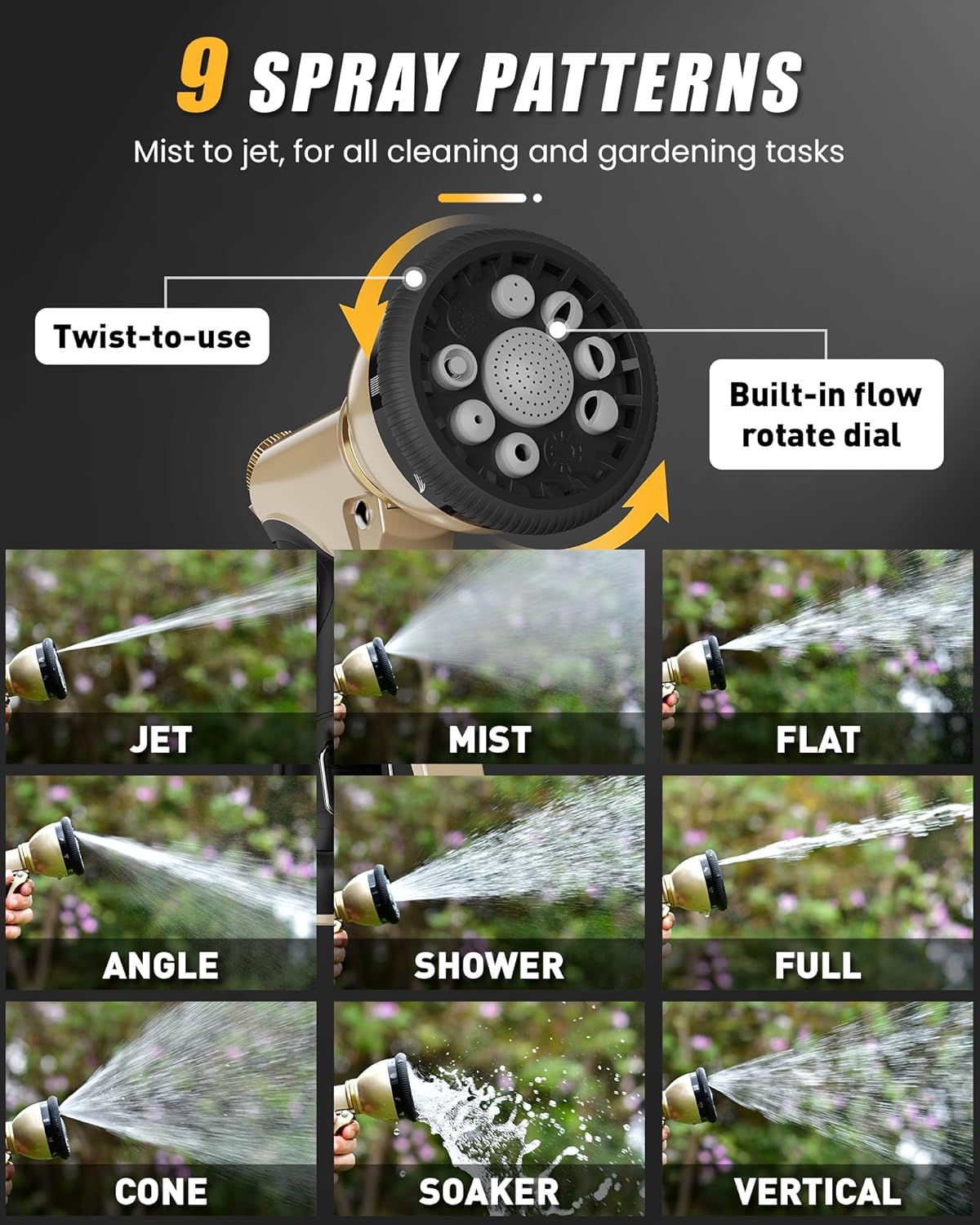 RAINPOINT Garden Hose Nozzle - Heavy Duty Metal Sprayer with 9 Adjustable Spray Patterns | Ideal for Watering Plants and Pets, Gray