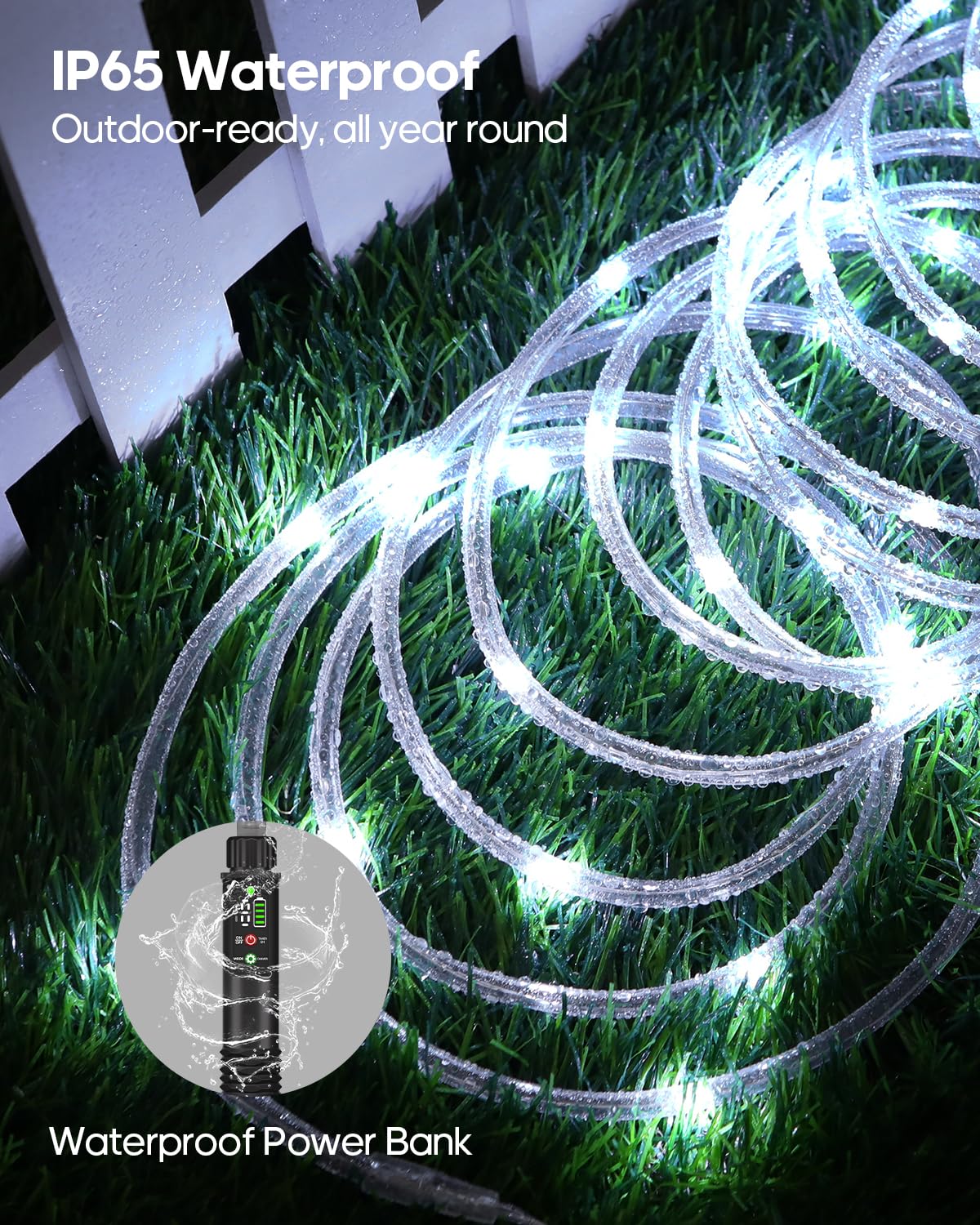 Rechargeable Rope Lights, 79FT 240LED Outdoor Waterproof String Lights with 1200mah Portable Rechargeable Battery, Timing & 8 Modes for Party Christmas Camping DIY Tree trampoline - Cool White 2 Pack