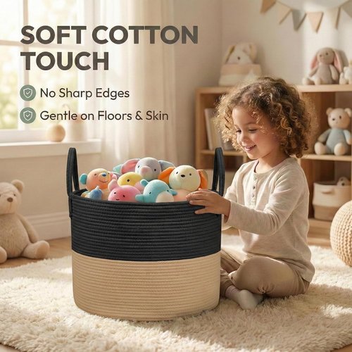 JMvicyroam 65L Extra Large Blanket Basket - Woven Cotton Rope Laundry Hamper with Reinforced Handles | Machine Washable Black & Jute Storage Bin for Pillows, Comforters & Toys