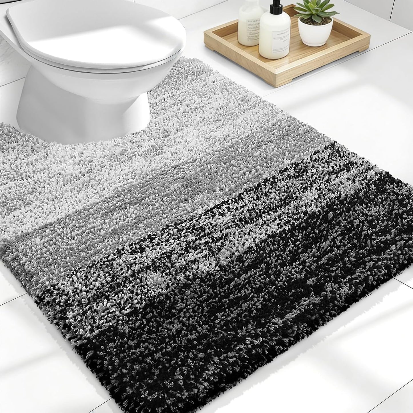 OLANLY Luxury U-Shaped Toilet Rugs - Extra Soft, Absorbent Microfiber Bath Mat, 24x20, Non-Slip, Black