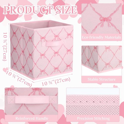 Geelin 6 Pcs Light Pink Bow Storage Bins - 11 Inch Collapsible Organizer Baskets for Home & Office