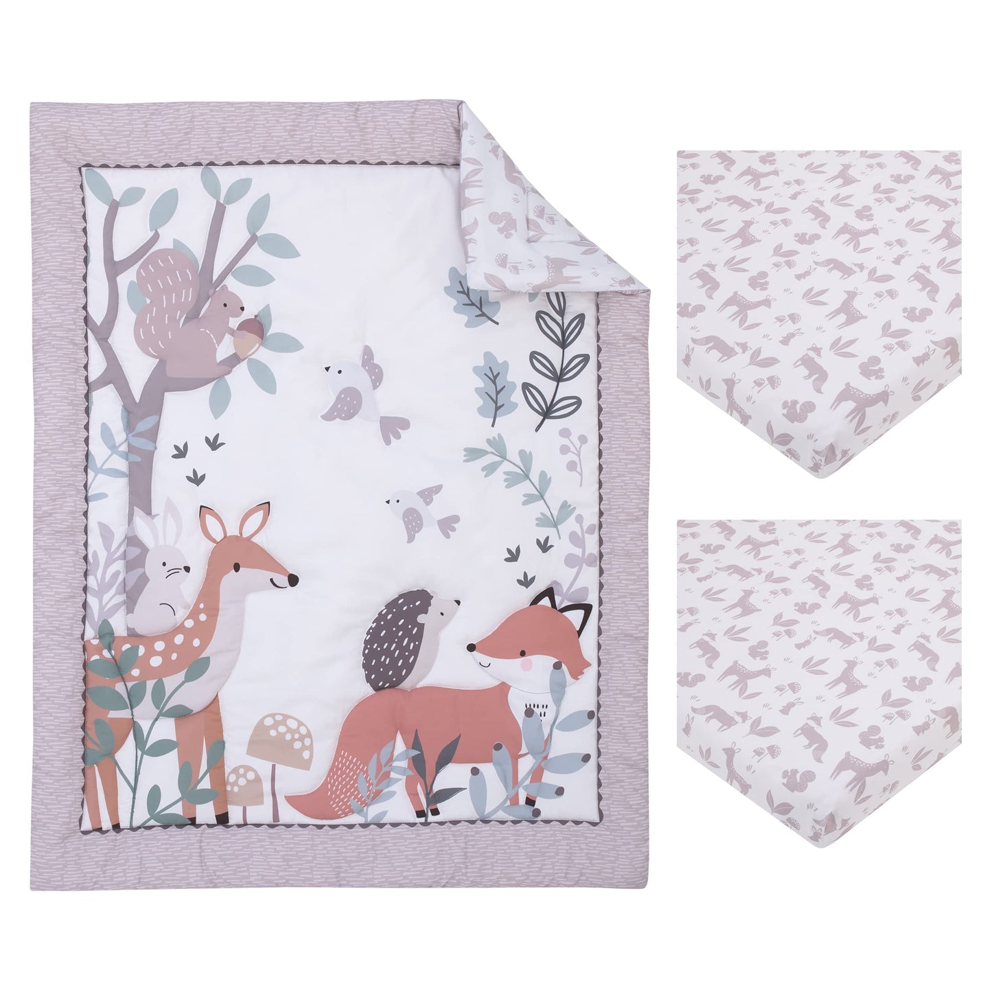 NoJo Little Love Woodland Meadow Taupe, Sage and White, Fox, Deer, and Hedgehog 3 Piece Nursery Mini Crib Bedding Set - Mini Comforter, and Two Fitted Mini Crib Sheets