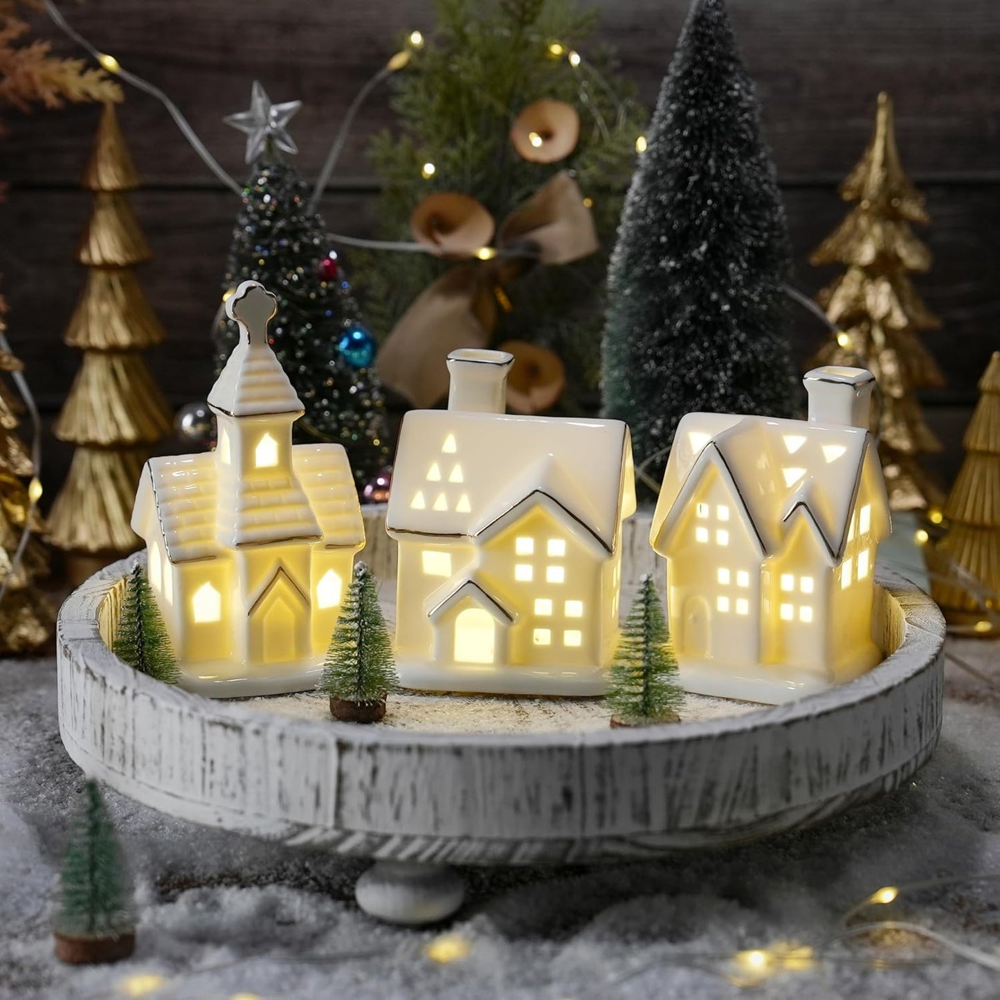 Regine Switzerland White Christmas Village Houses - 3Pcs Glazed Ceramic Set with Trees | Light Up Holiday Decor