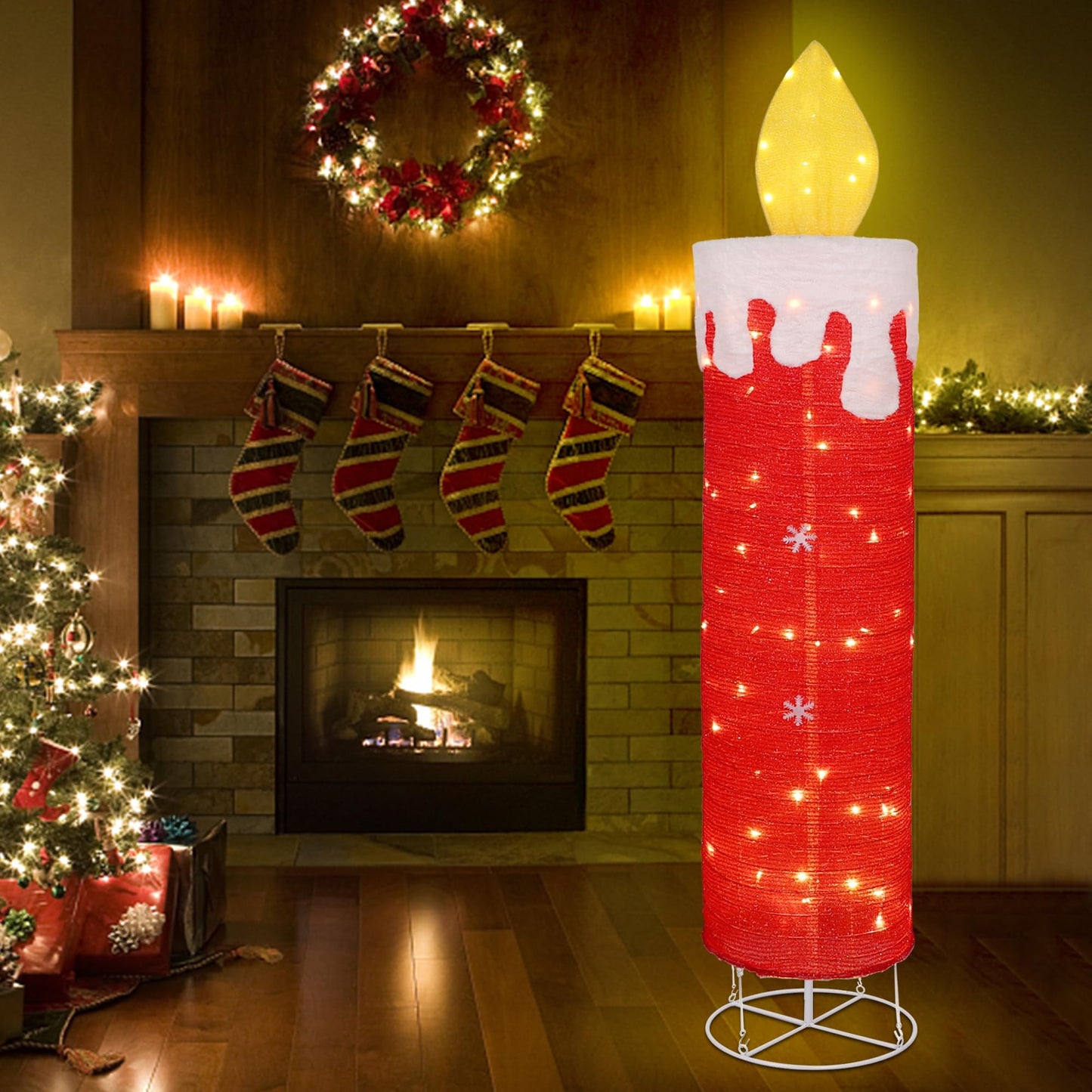 DR.DUDU 5.2 FT Christmas Lighted Decoration Candle,Red Glitter 3D Candle with Flickering Flame, Pre-Lit 60 LED Christmas Outdoor Decor with Stakes for Xmas Outside Yard Indoor Porch Lawn Holiday Party