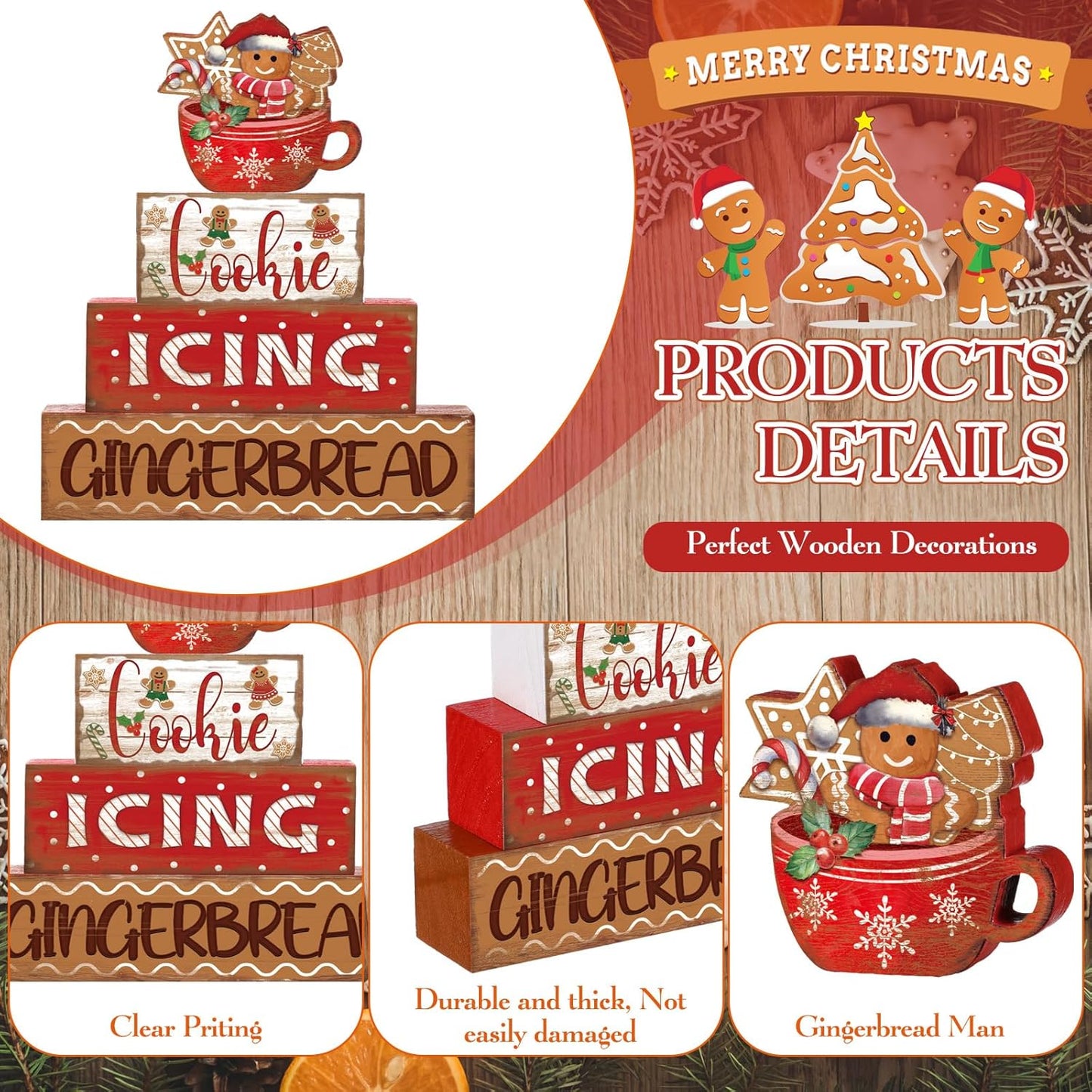 Moucuny Christmas Gingerbread Man Table Sign - 4 Pcs Wooden Decorative Set for Festive Home Decor