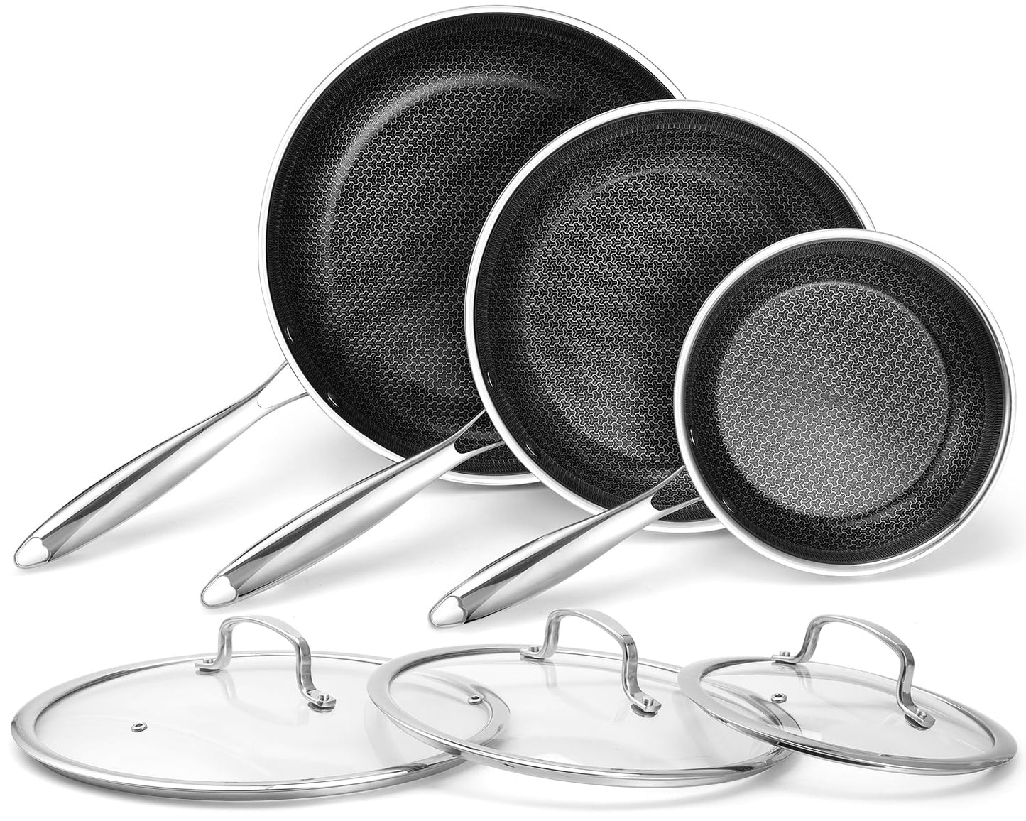 Non Stick Frying Pans Set 8, 10, and 12 Inch 6 Pcs Skillet with Tempered Glass Lids, Stay-cooling Handle, PFOA Free Non Toxic Dishwash & Oven Safe Kithchen Cookware Set Compatible All Cooktops