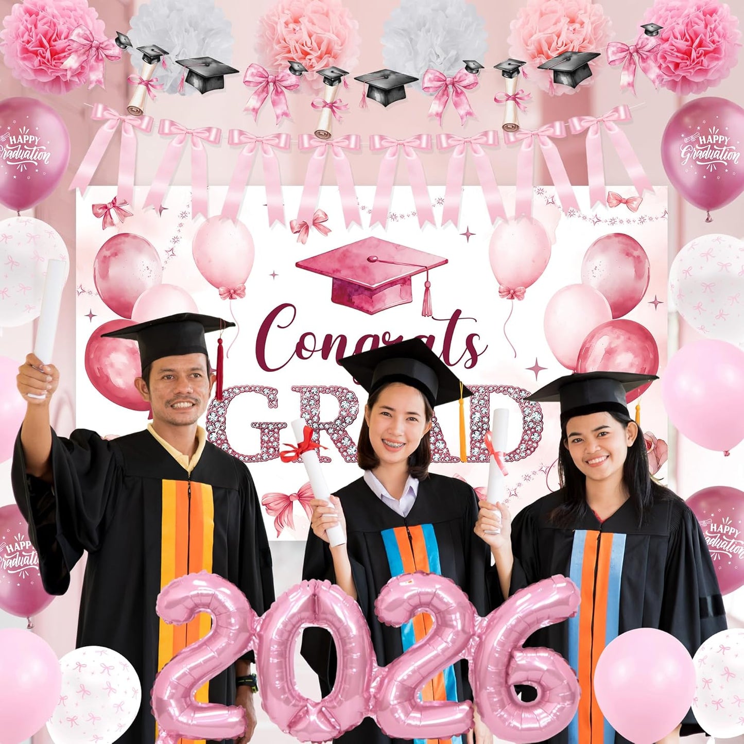 Regine Switzerland Pink Bow Graduation Party Decorations - 22PCS Banner & Balloon Set for 2026 Grads