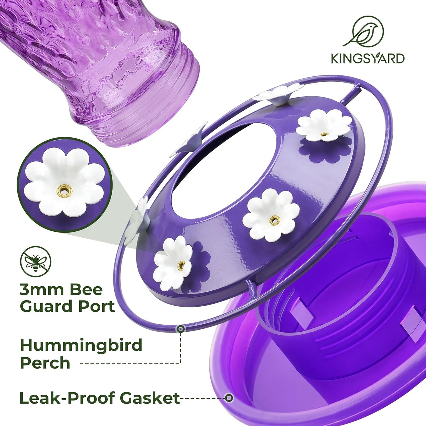 Kingsyard Glass Hummingbird Feeders - 24 oz Leak-Proof Outdoor Nectar Feeders with 6 Ports & Ant Moat - Purple (2 Pack)