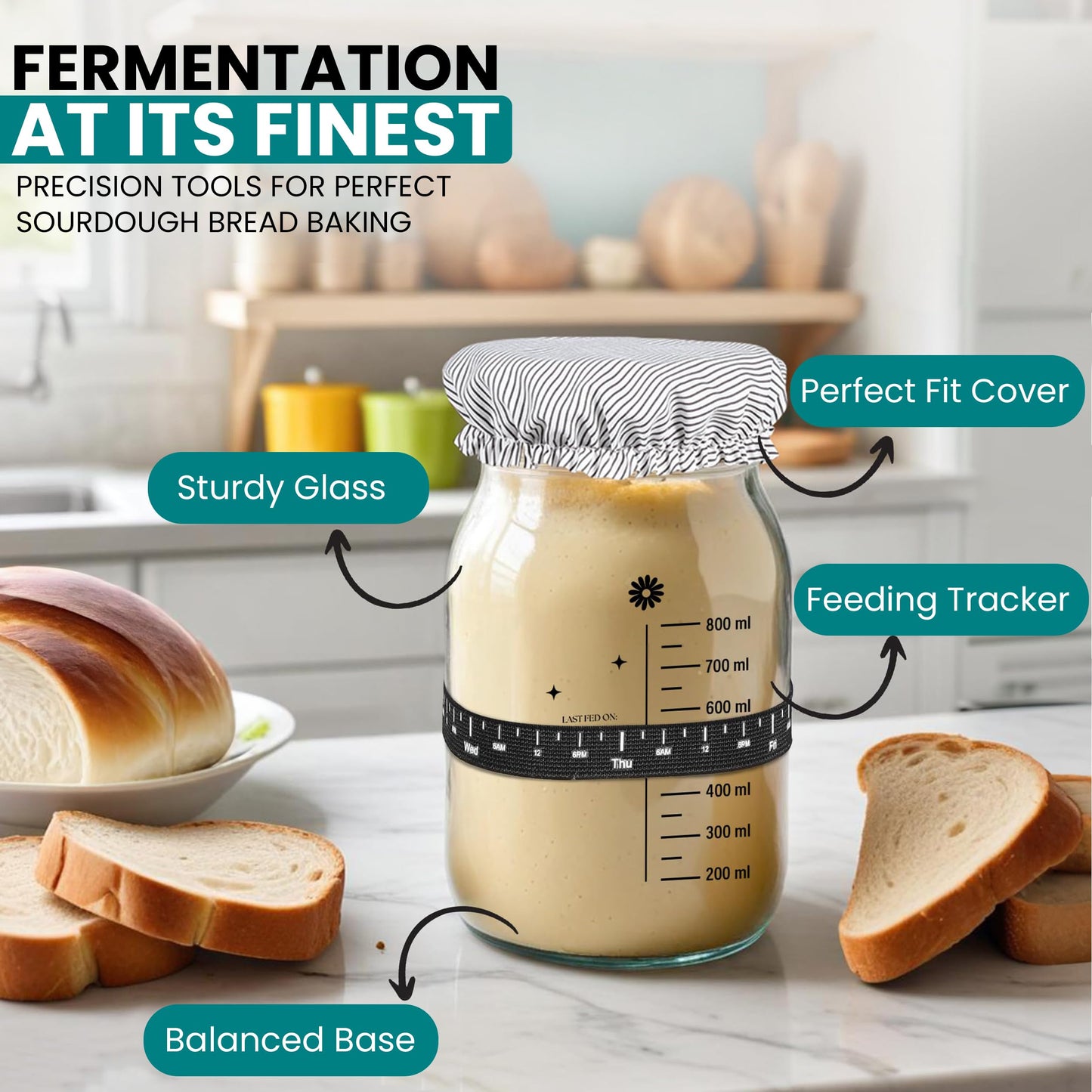 Lina e Mama 34 Oz Sourdough Starter Jar | Sourdough Starter Kit | Wide Mouth Sour Dough Kit with a Wooden & Aluminum Lid, Spatula, and Funnel | Sour Dough Jar for Beginners and Pros