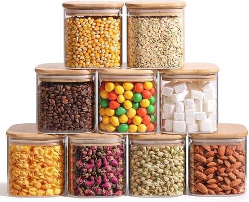 ComSaf Glass Food Storage Jars Set of 9 - Clear Containers with Lids for Pantry Organization | Ideal for Spices, Oats, Coffee, and Sugar