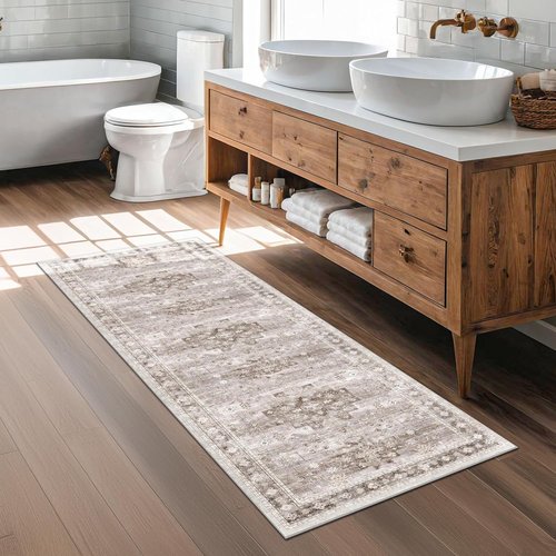Hazo Haus Boho Runner Rug - 2x7 Long Neutral Farmhouse Design | Vintage Floral, Washable & Non-Slip, Latte Beige