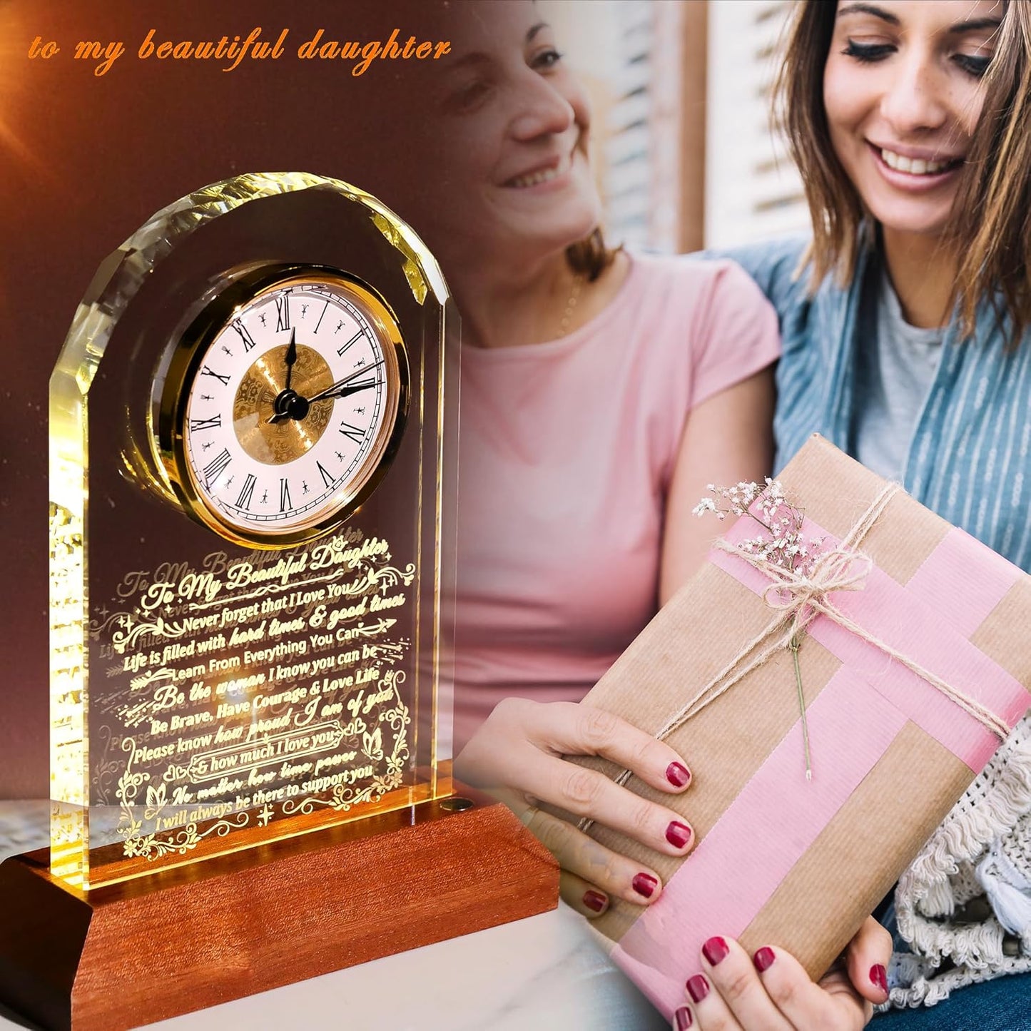 Ornalrist Glass Clock for Daughter from Mom & Dad - Heartwarming Gift with Wooden Base | Perfect for Mother's Day & Birthdays