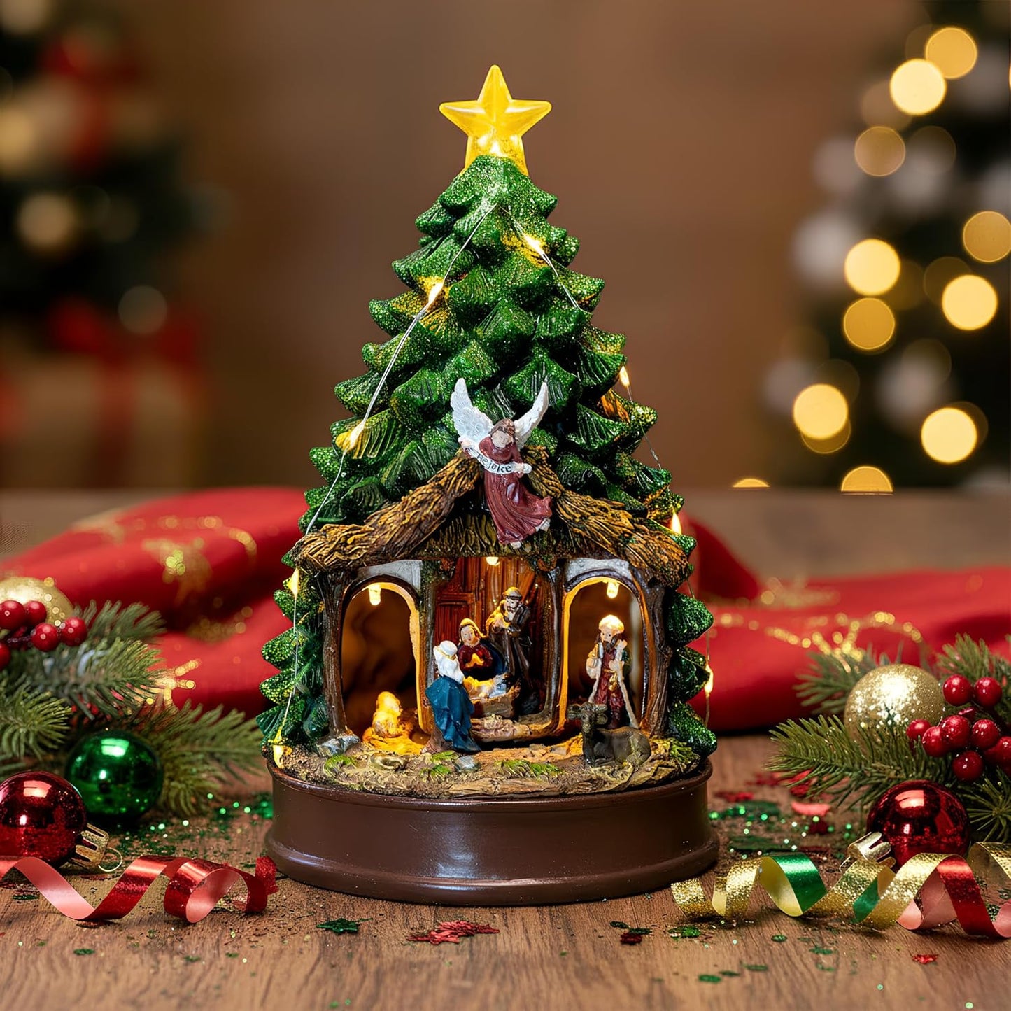 Regine Switzerland Christmas Tree Nativity Scene - Animated Adoration of The Magi with LED Lights & Music | Festive Home Decor