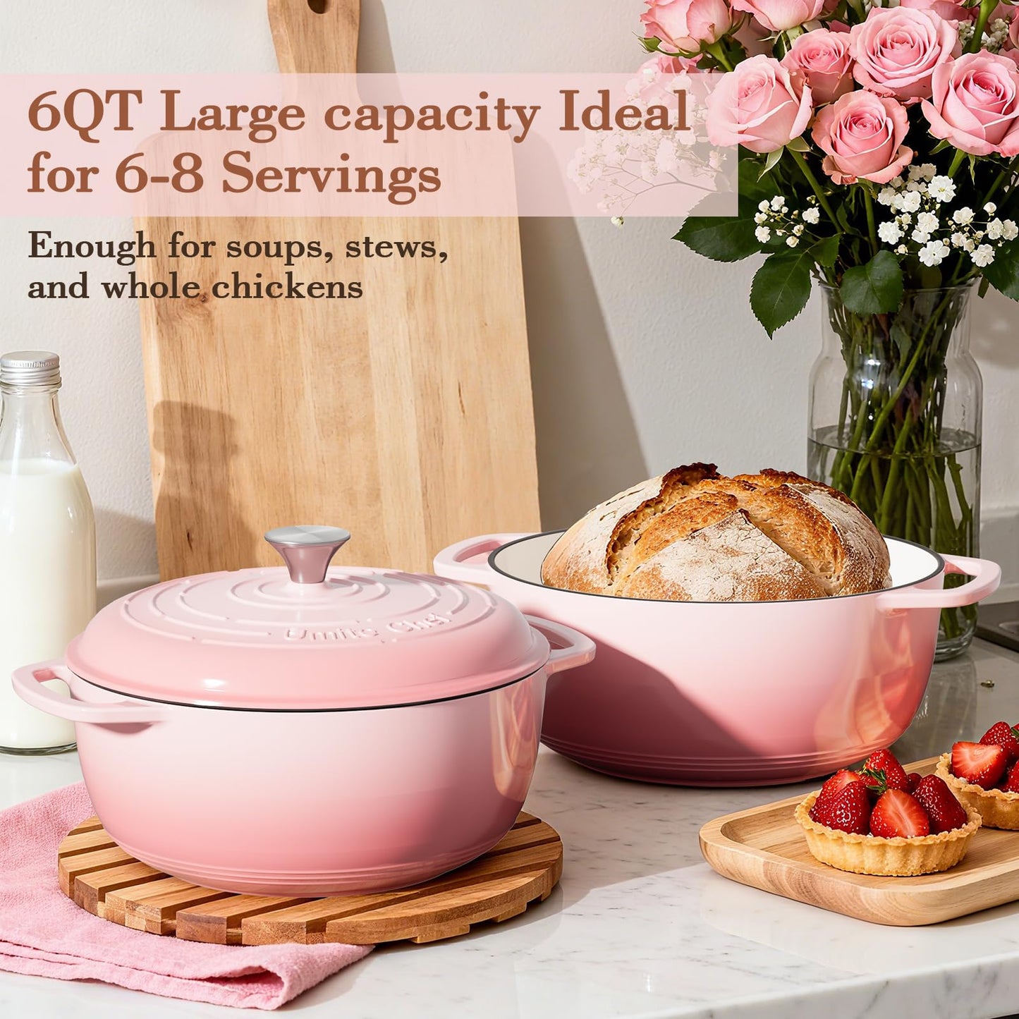 Umite Chef 6QT Enameled Cast Iron Dutch Oven with Lid, Versatile Heavy-Duty Cookware Pot for Baking Bread, Braising, Soups & Stews, Oven & Stovetop Safe with Heat Resistant Gloves(Pink)