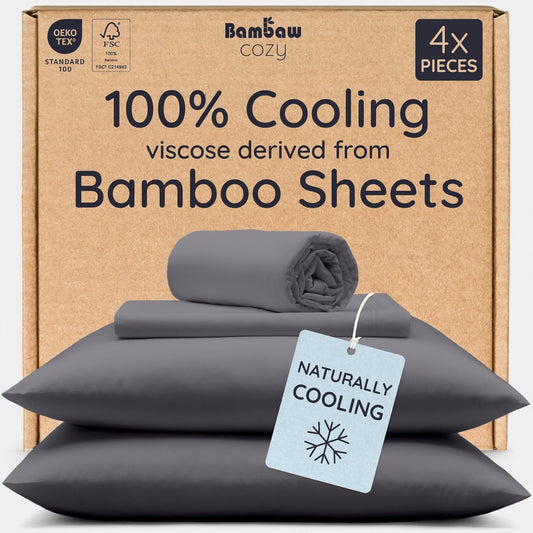 Bambaw Bamboo Sheets Set - 100% Viscose Cooling Queen Size | Super Soft, Deep Pocket, Charcoal