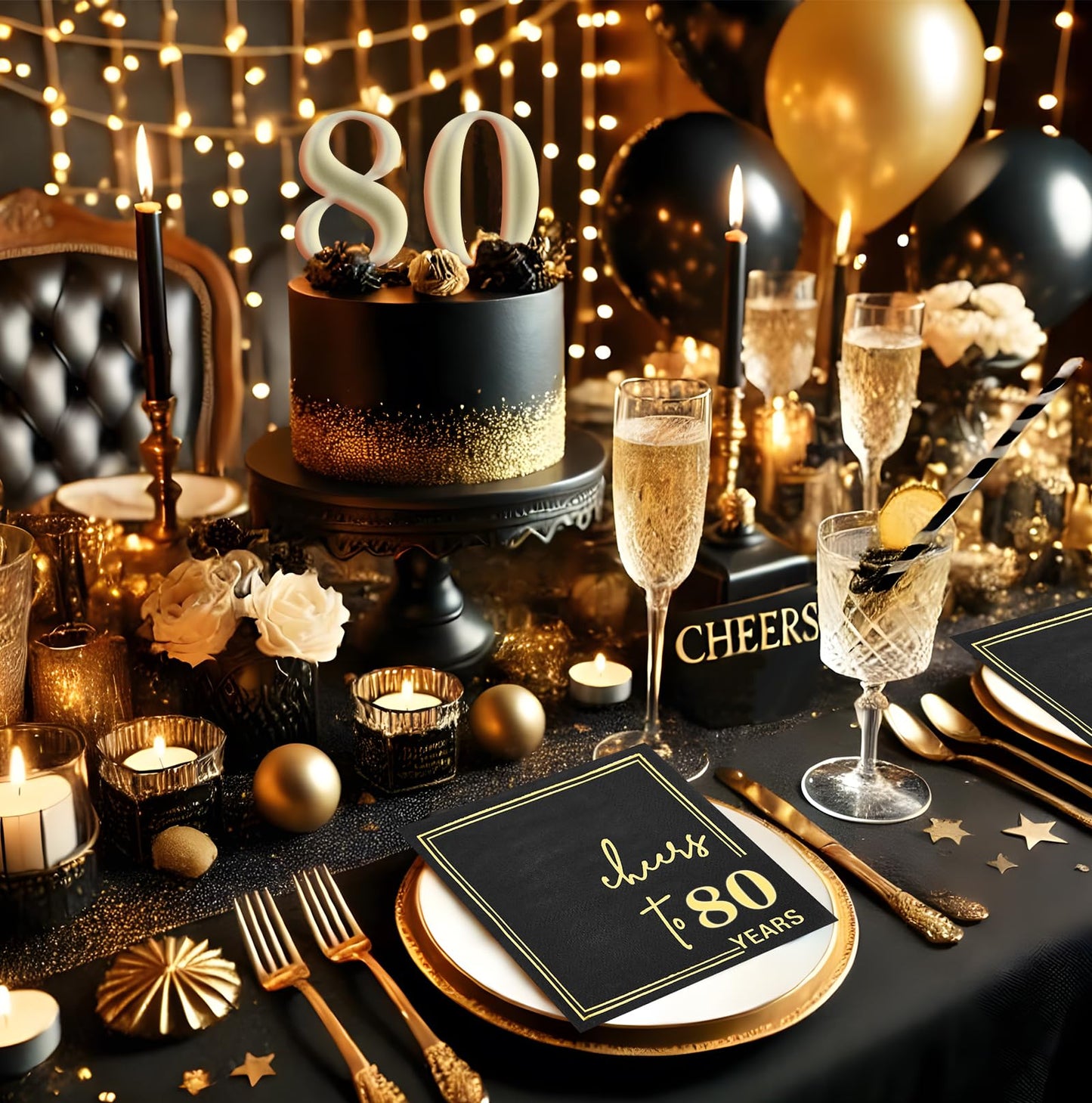 50 Count Black and Gold 80th Birthday Cocktail Napkins 5x5 Inch - Cheers to 80 Years 3-Ply Disposable Party Napkins for Anniversary, Wedding - Elegant Foil Accent Indoor Outdoor Celebrations