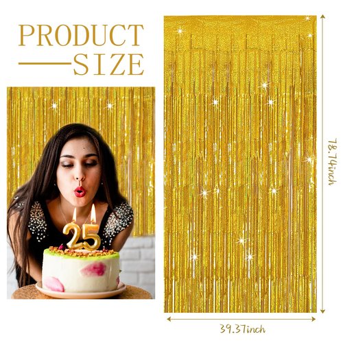 3 Pack Gold Foil Tinsel Backdrop Curtain Birthday Decorations Streamers for Dance Party Photo Booth Props Bachelorette Christmas Halloween New Years Eve Party Supplies