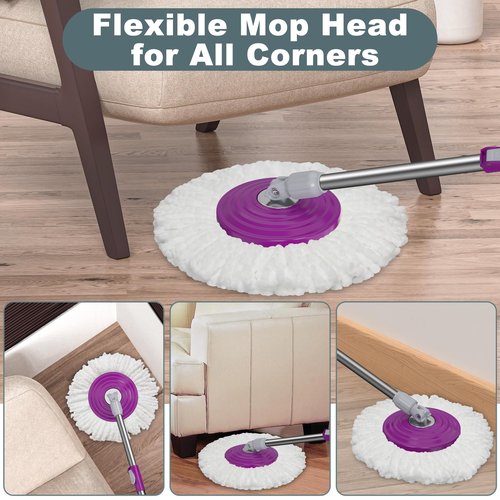 Dual Compartment Spin Mop and Bucket, Mop and Bucket with Wringer Set,360°Rotating Spinning Mopping for Floor Cleaning with 6 Microfiber Replacement Heads, 61" Extended Handle, 2X Wheel
