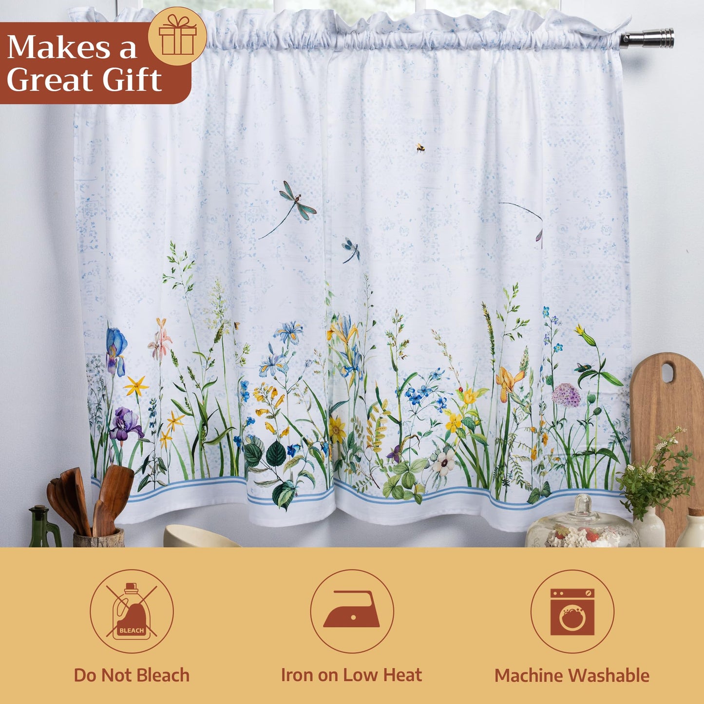 Maison d' Hermine Kitchen Curtain Set for Windows 100% Cotton Set of Kitchen Curtain Valance for Home [2 Tier (28"X36") and 1 Valance (56"X18")] Café Gifts for Mothers Day (Fleurs De Mai)