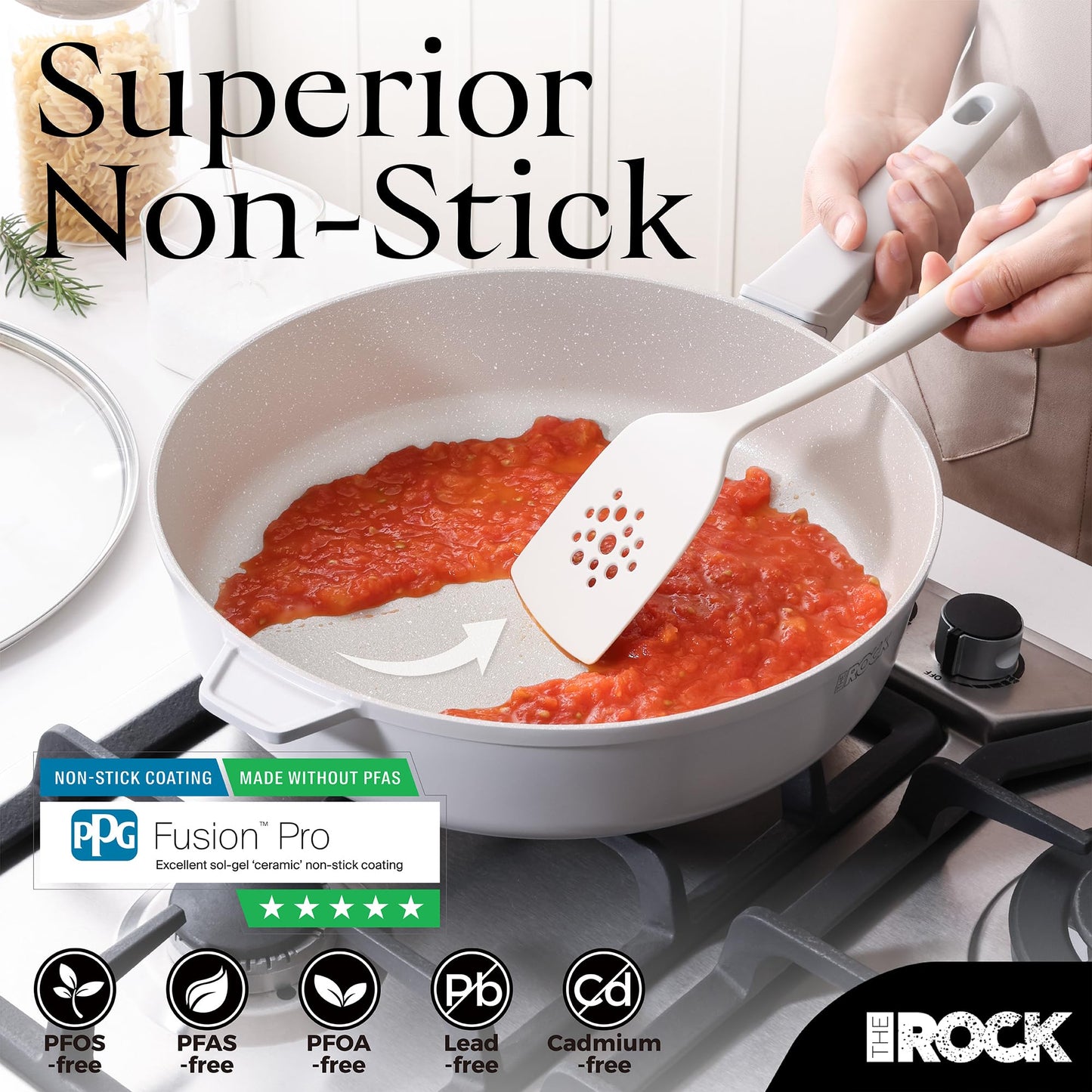 THE ROCK SOHO 4 Qt Nonstick Deep Frying Pan Skillet with Glass Lid, 11 Inch Large Deep Frying Pan, Ceramic Non Toxic Skillet with Heat-Resistant Handle, PFOA & PFAS Free, Oven & Dishwasher Safe, Cream
