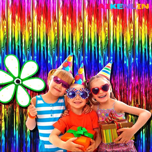 Colorful Foil Fringe Curtain Backdrop by [Brand Name] - 4 Pack Metallic Tinsel Streamers | 3.2Ft x 9.8Ft for Parties, Weddings & Events