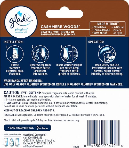 Glade PlugIns Refills Air Freshener - Cashmere Woods Scented Essential Oils, 1.34 Fl Oz, 2 Count