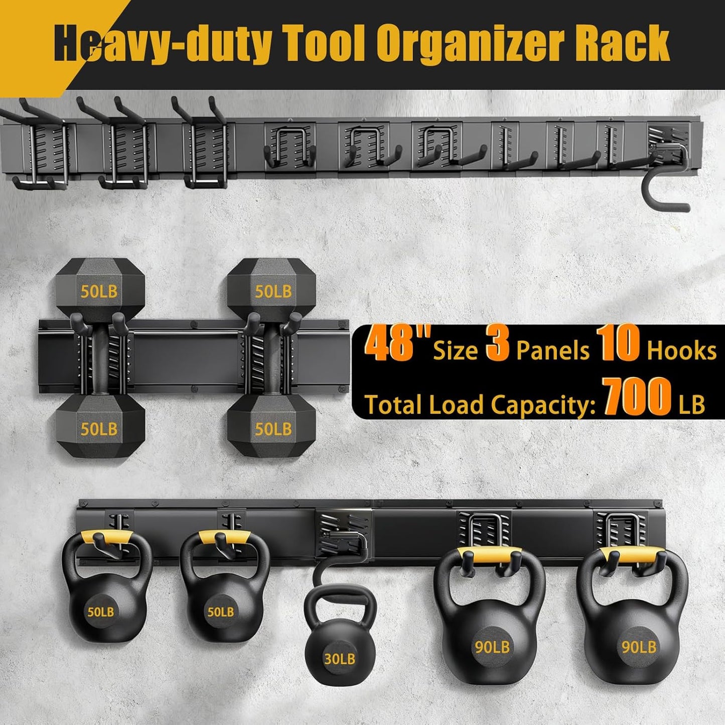 KOFANI Heavy Duty Garage Wall Organizer - 700LB Capacity | 48-Inch Adjustable Tool Rack for Yard Storage