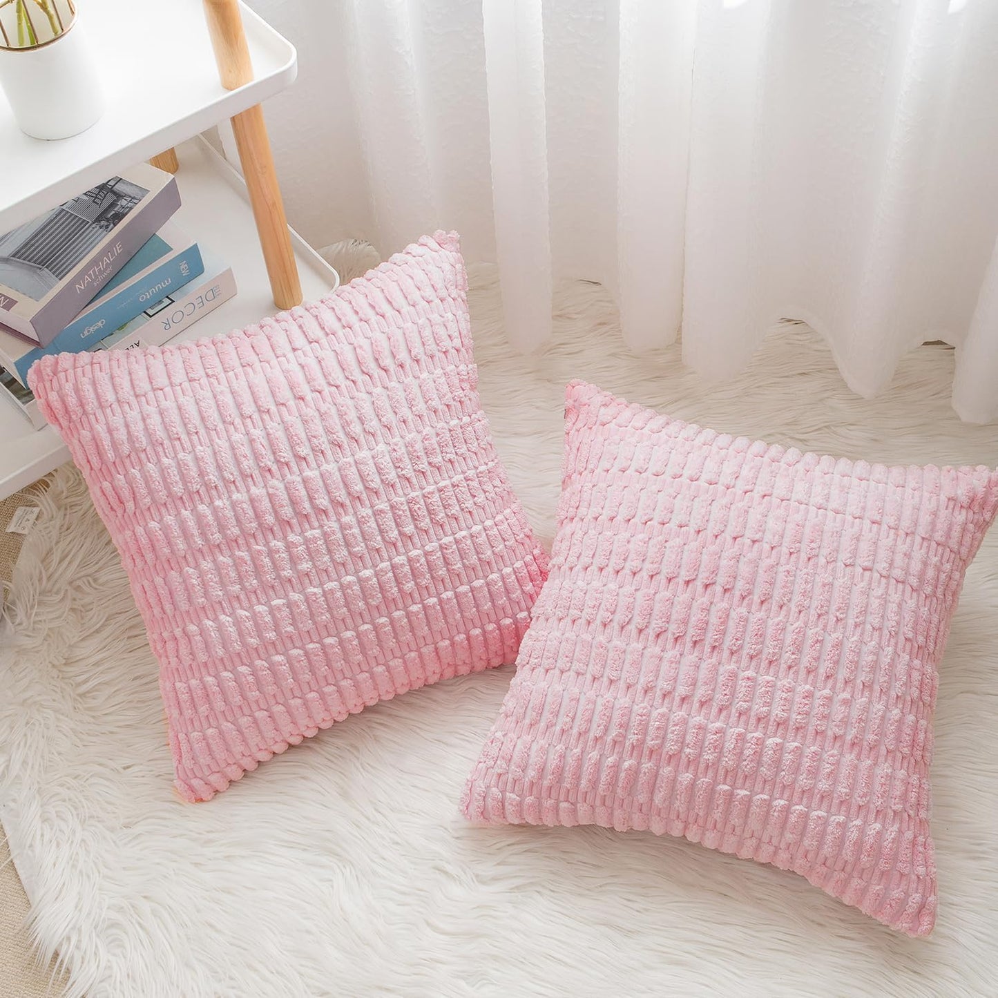 HERAYLI Corduroy Decorative Throw Pillow Covers, Boho Stripe Soft Square Cushion Case Home Decor for Living Room Couch Bed Sofa, Set of 2 Pack, Pink, 18x18 Inch