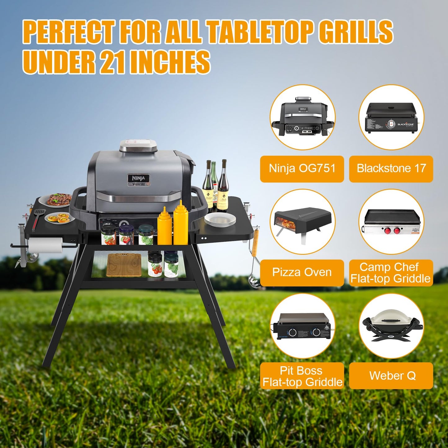 BBQ-PLUS Grill Stand for Ninja Woodfire Outdoor Grill, Portable Adjustable Table Cart for Ninja OG700 OG800 OG900 Series Smoker Blackstone 17" Griddle,with Side Shelf