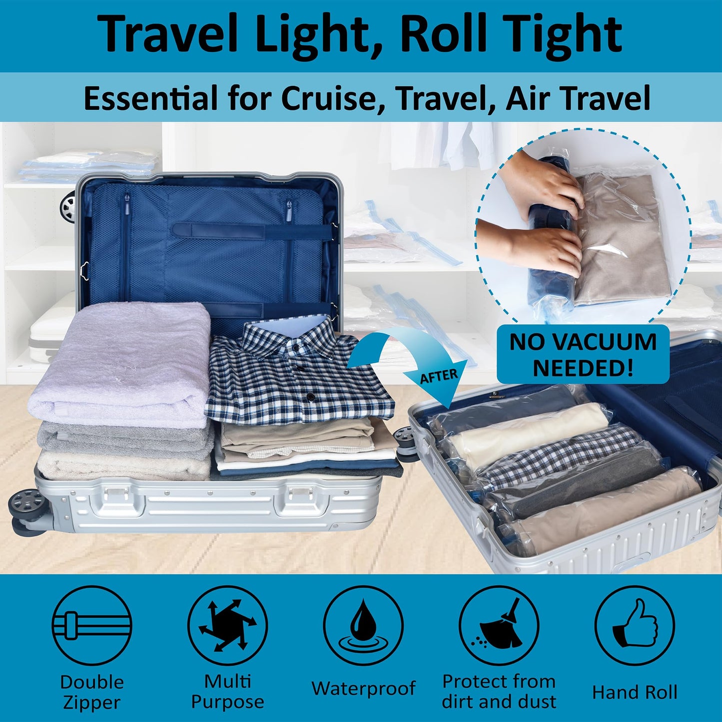 Cozy Essential Compression Bags for Travel - Travel Essentials - 24 Pack Space Saver Bags - No Vacuum Needed - Compression Packing Bags for Cruise Accessories