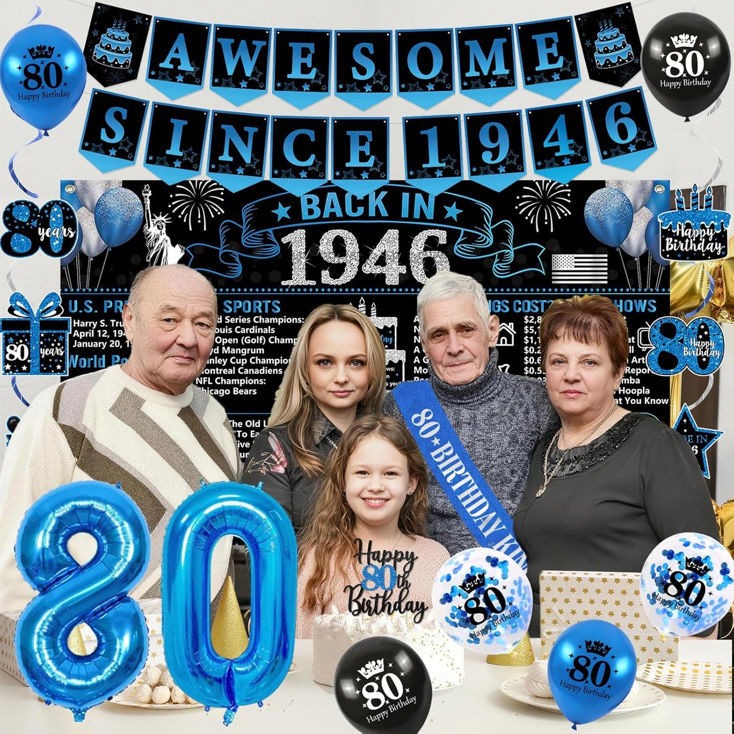 Trgowaul 80th Birthday Decorations - 20PCS Black and Blue Party Supplies Set with Banner, Sash, Cake Topper & Balloons
