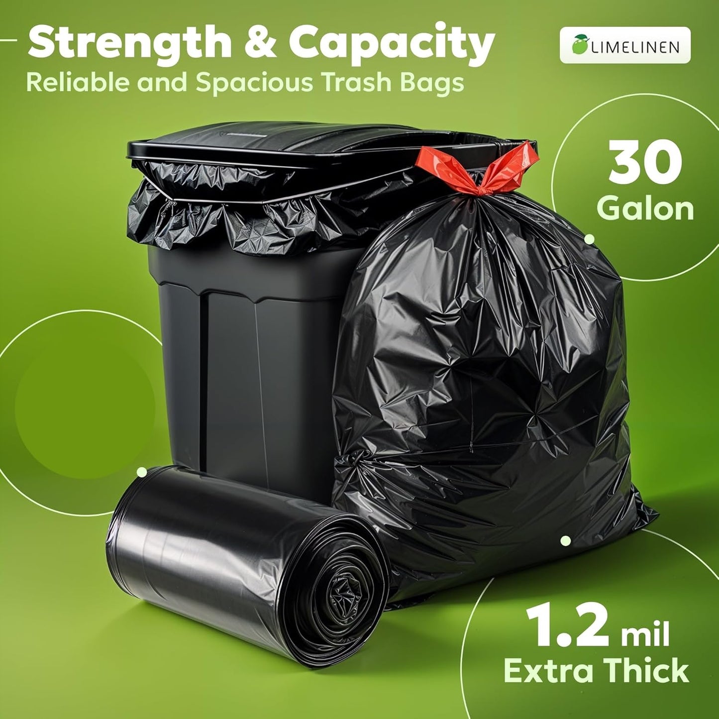 LIMELINEN 30 Gallon Extra Thick Trash Bags - 100 Count Drawstring, Leak & Odor-Resistant for Home & Office