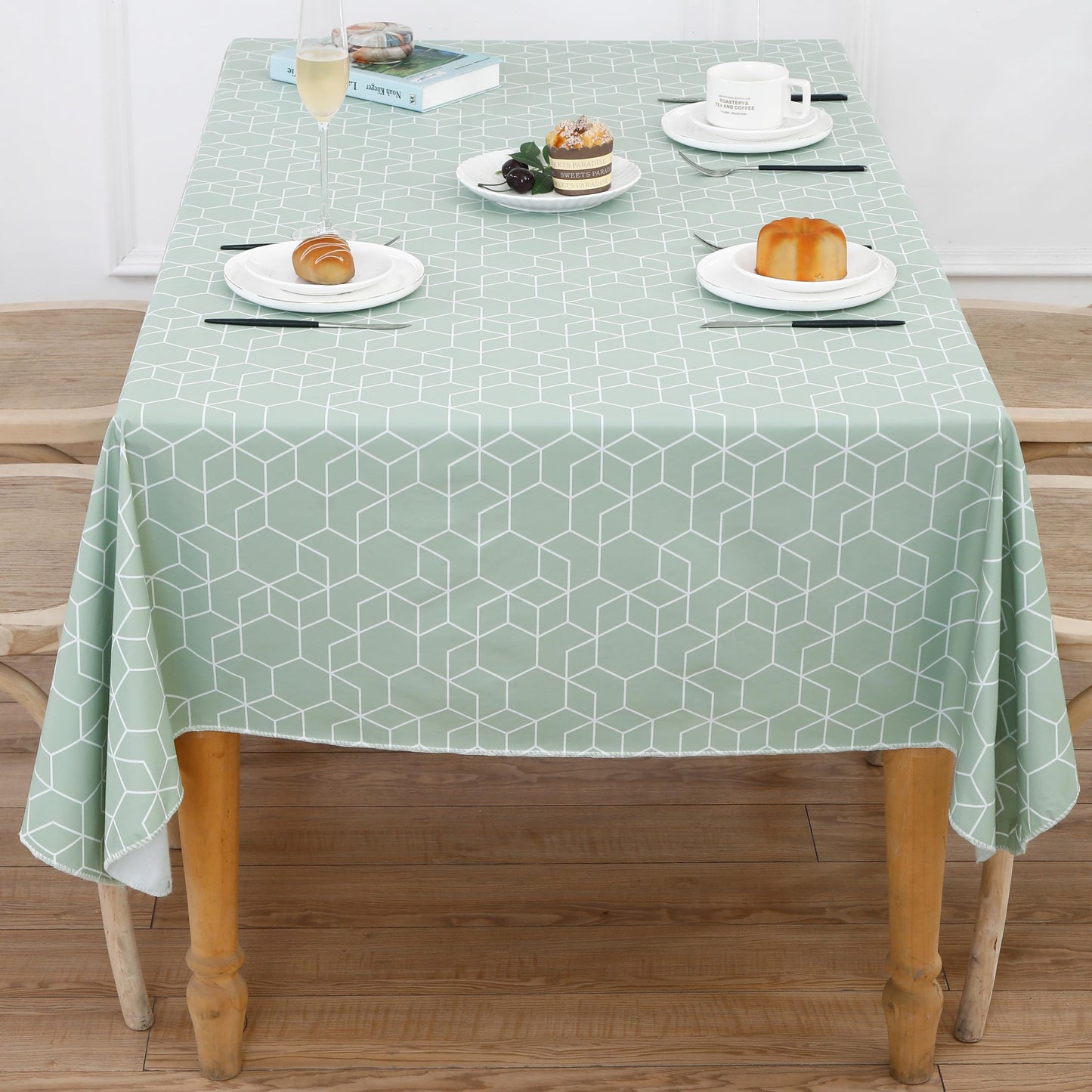 Heavy Duty Vinyl Tablecloth with Flannel Backing Waterproof Oil-Proof Plastic Table Cloth Stain-Resistant Wipeable Rectangle or Square Table Cover for Indoor and Outdoor (Green Grid,52x70 Inch)