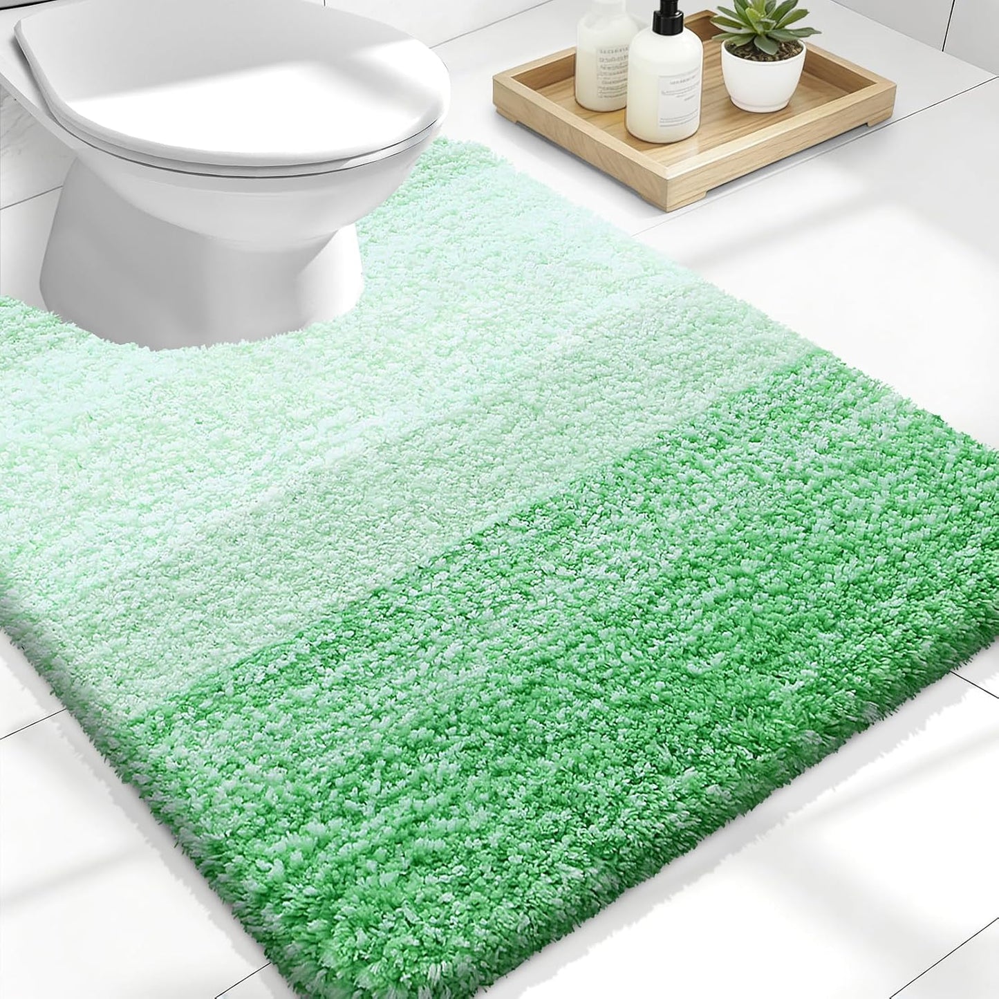 OLANLY Luxury U-Shaped Toilet Rugs - Extra Soft, Absorbent Microfiber Bath Mat | 24x20, Non-Slip Green
