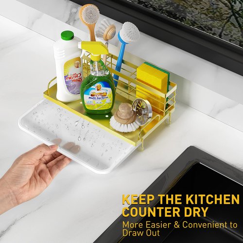 Cisily Gold Kitchen Sink Caddy Organizer, Rustproof Sponge Holder, Non-Slip Soap Dish Dispenser Brush Storage, Home & Kitchen Essentials Accessories