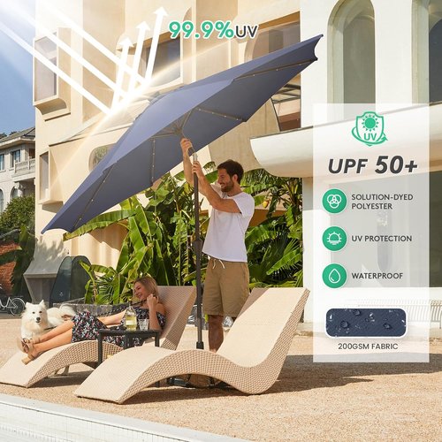 JEAREY 9FT Outdoor Patio Umbrella - LED Lighted with Solar Lights & Tilt Crank - Navy Blue