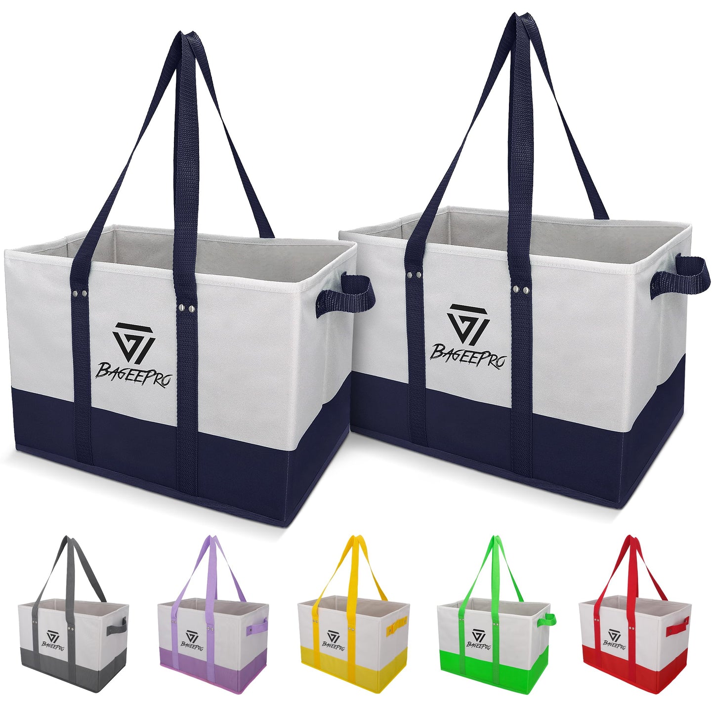 BageePro 2Pack Collapsible Tote Bags | Reusable Grocery Bag | Foldable Heavy Duty Shopping Bags with Handles for Food, Storage, and Groceries | Large Utility Tote Organizer | Navy Blue