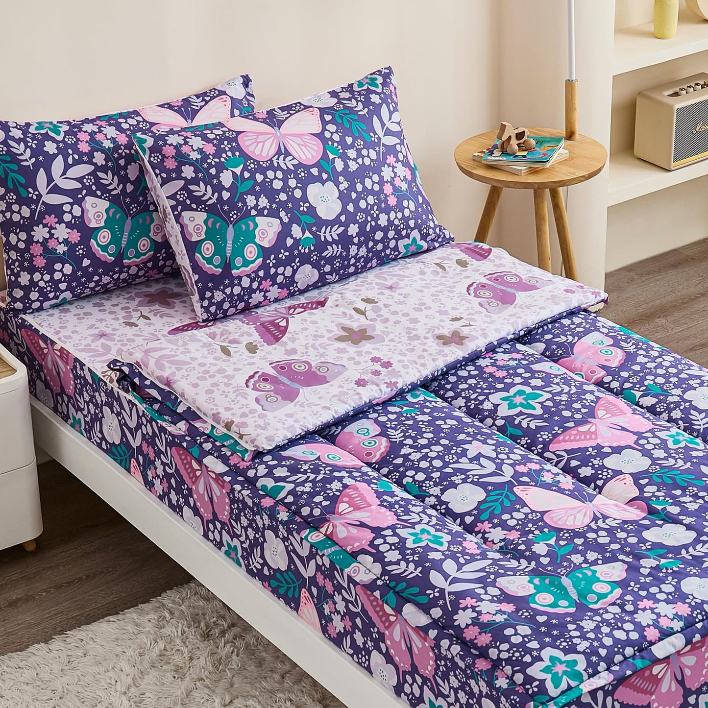 Anibedding 3Pcs Zip Up Bedding Comforter Set for Girls, Purple Butterfly All in One Zipper Twin Bedding Set with Pillowcase for Kids