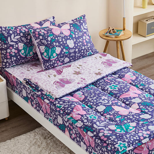 Anibedding 3Pcs Zip Up Bedding Comforter Set for Girls, Purple Butterfly All in One Zipper Twin Bedding Set with Pillowcase for Kids