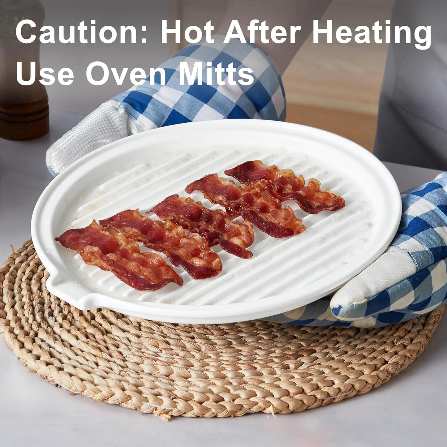 ONEMORE Microwave Bacon Tray - Ceramic Cooker for Crispy Bacon | 11-Inch Round Dish with Lid, White